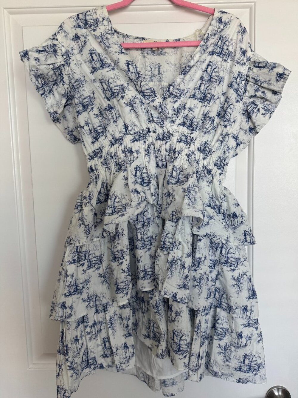 Entro Blue & White Toile Print Ruffle Mini Dress Size Large Worn Once